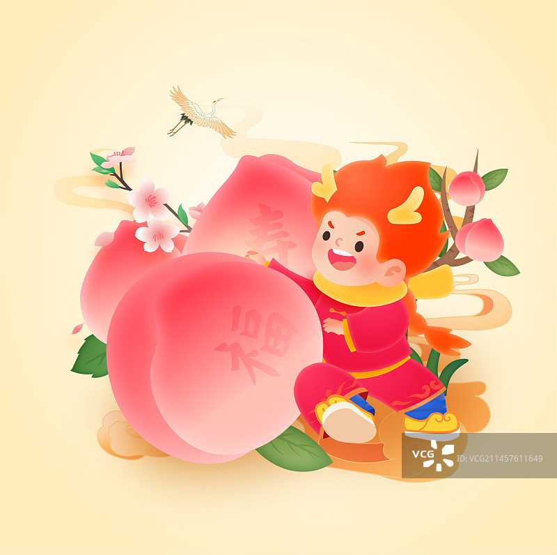 龍年春節(jié)卡通人物系列插畫之福壽安康桃子圖片素材