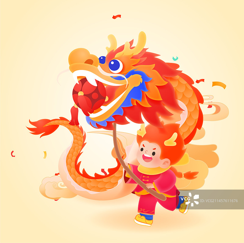 龍年春節(jié)卡通人物系列插畫之舞龍圖片素材