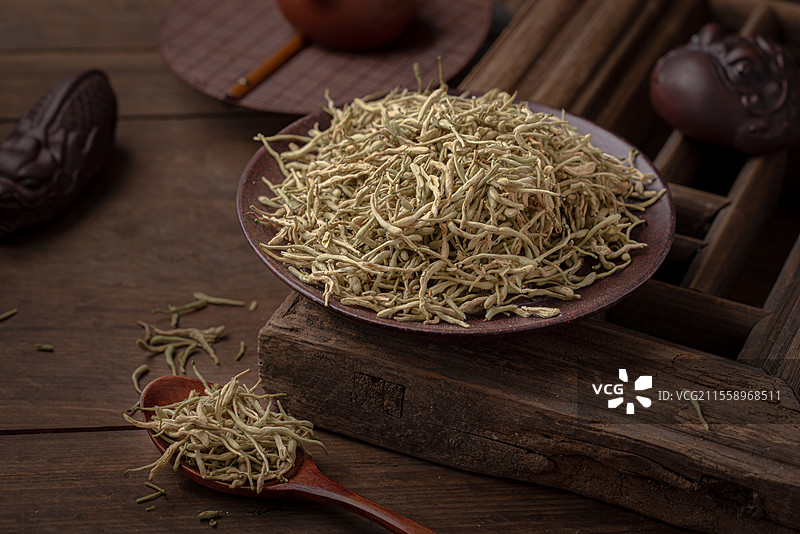 棚拍暗調(diào)中草藥金銀花藥材圖片素材