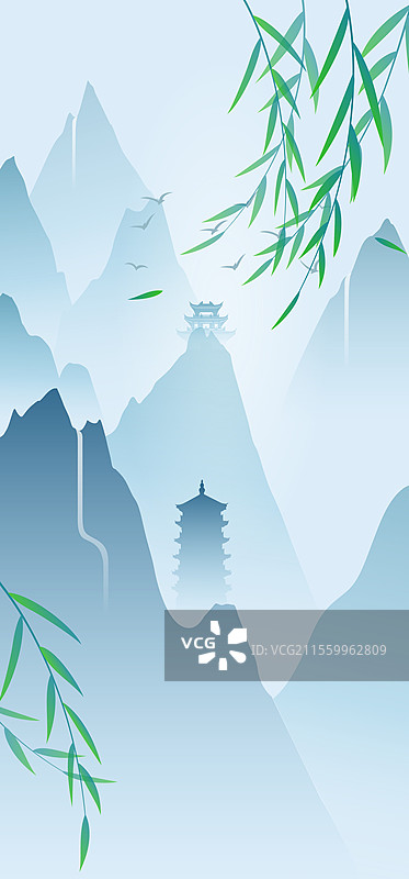新中式水墨山水扁平化剪紙風格插畫圖片素材