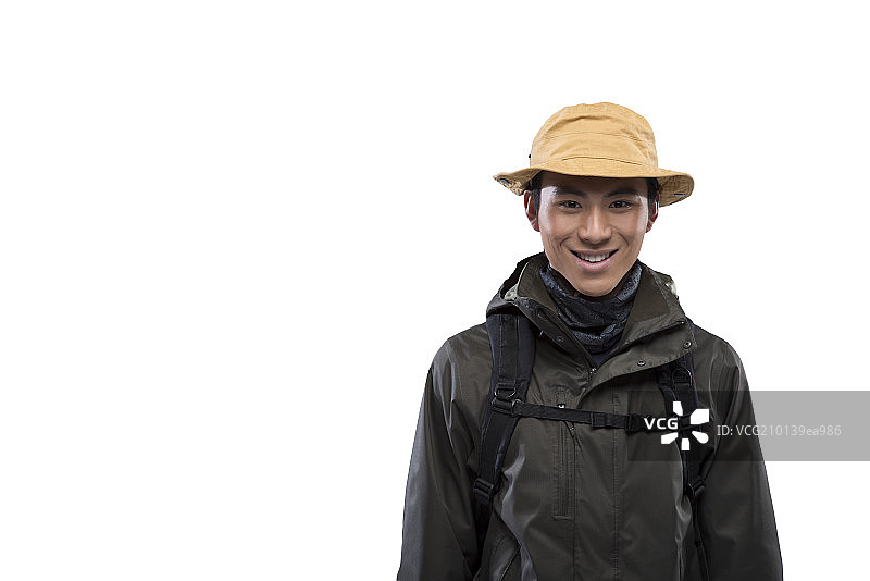 Young man hiking outdoors图片素材