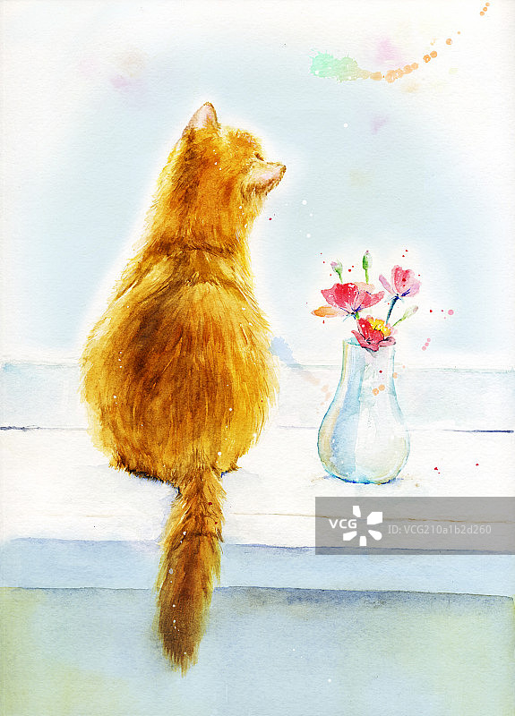 黄色猫与鲜花花瓶图片素材