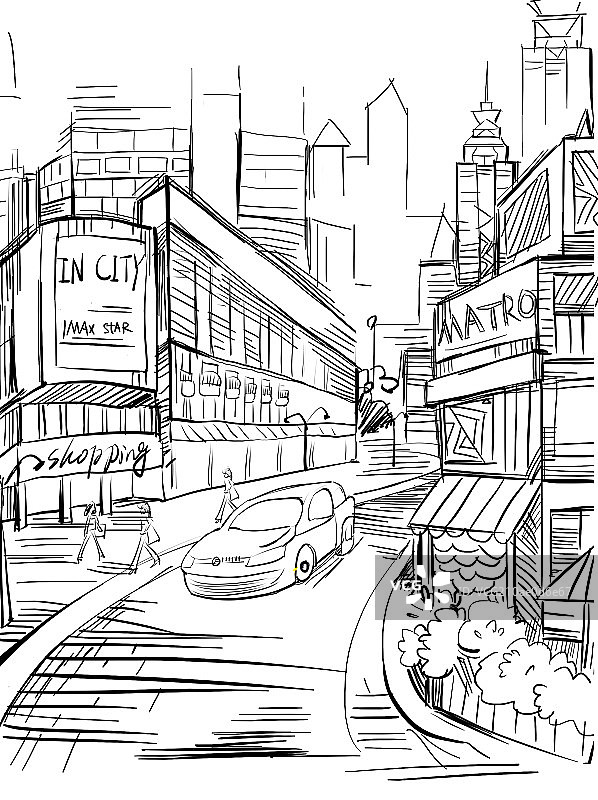 商业街速写插画图片素材