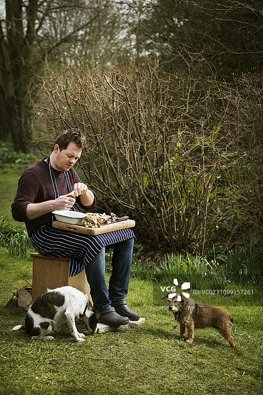 厨师在户外准备海鲜，脚边有两条狗图片素材