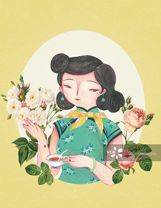 十二月旗袍美人绘图片素材