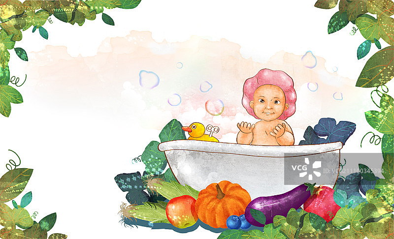 浴缸中婴儿周围的蔬菜图片素材