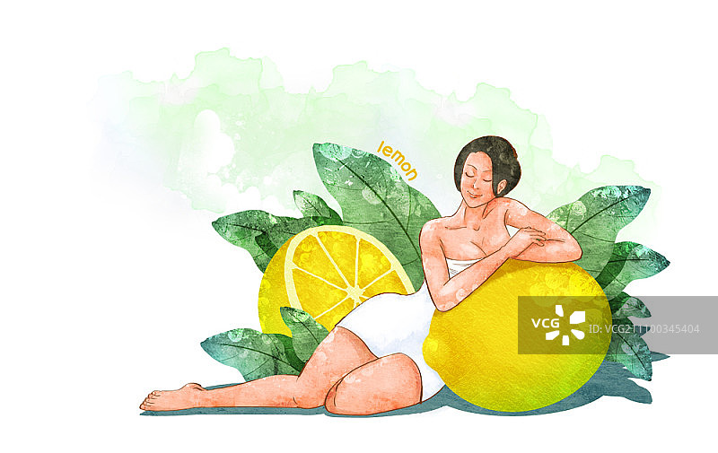 靠在柠檬上的女人图片素材
