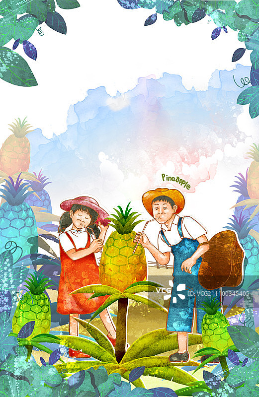 两个孩子在菠萝树旁玩耍图片素材
