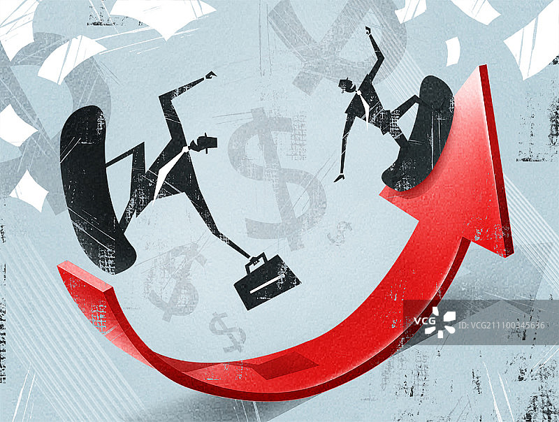 商务人士踩滑板在箭头上前行图片素材