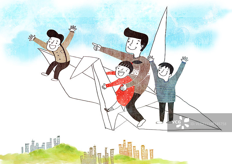 年轻人和孩子们骑着纸鹤图片素材
