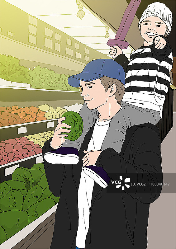 父子在杂货店购物图片素材