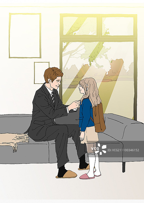 父女上学前在客厅里图片素材