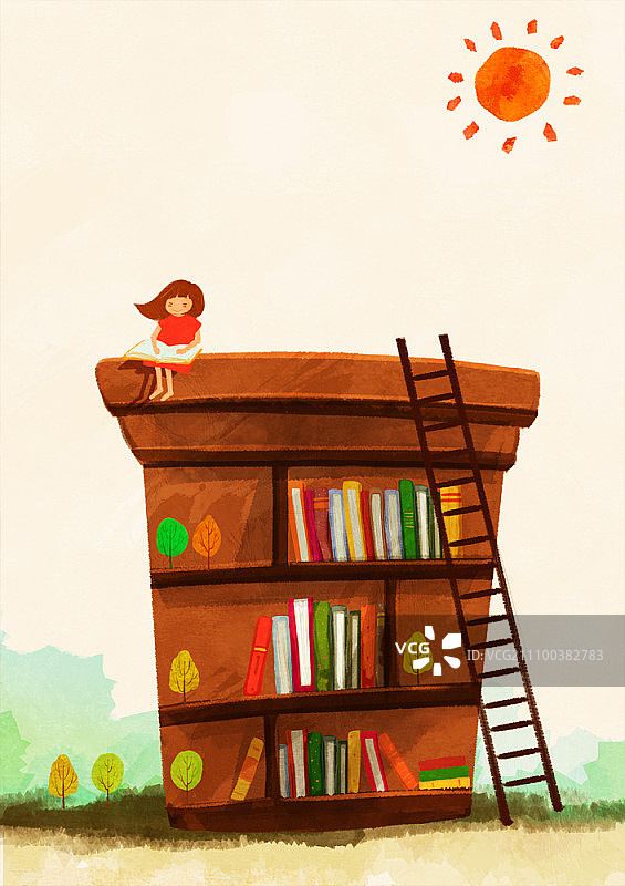 小女孩坐在巨大的书架旁读书图片素材