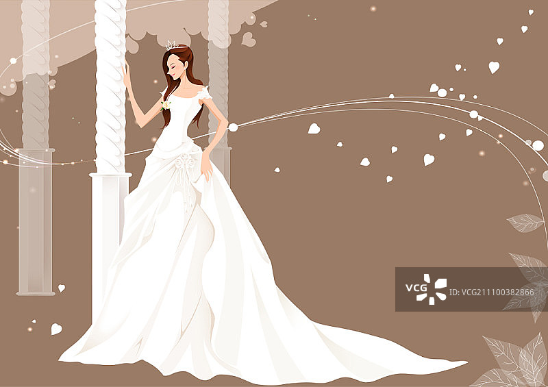 新娘穿着婚纱站在柱子旁的侧视图图片素材