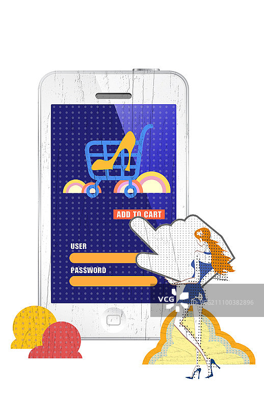 女孩享受在线购物，将高跟鞋添加到购物车图片素材