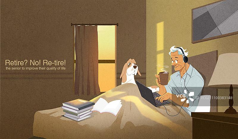 听音乐、喝咖啡的老人和笔记本电脑图片素材