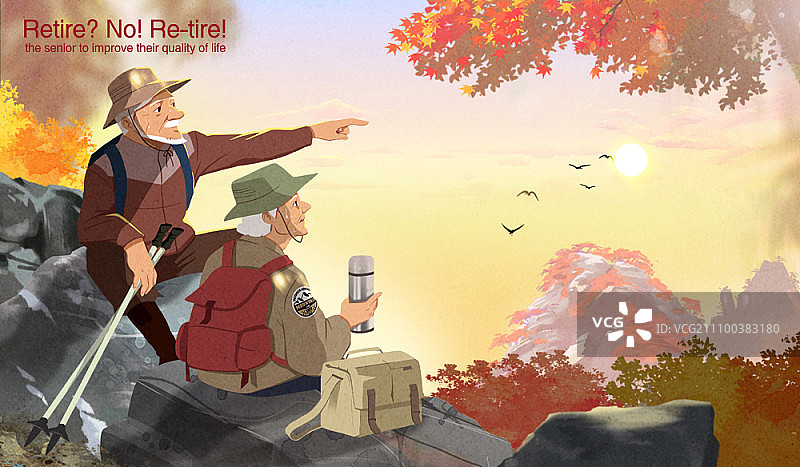 老年夫妇在秋天欣赏日落和变红的枫树图片素材