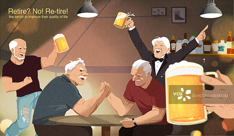 两个老人在酒吧里扳手腕，周围的人为他们欢呼图片素材