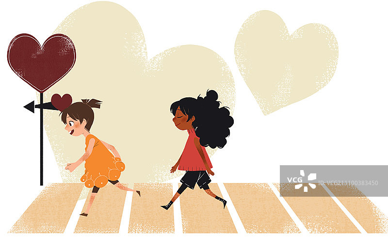 女孩们拿着心形标志过马路图片素材