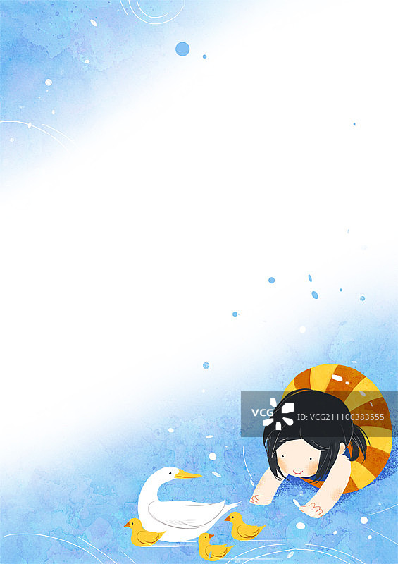在有鸭子的湖里游泳的带内胎的女孩图片素材