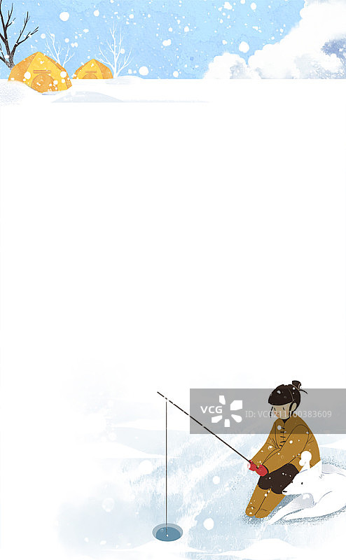 女孩在冰冻的河面上钓鱼图片素材
