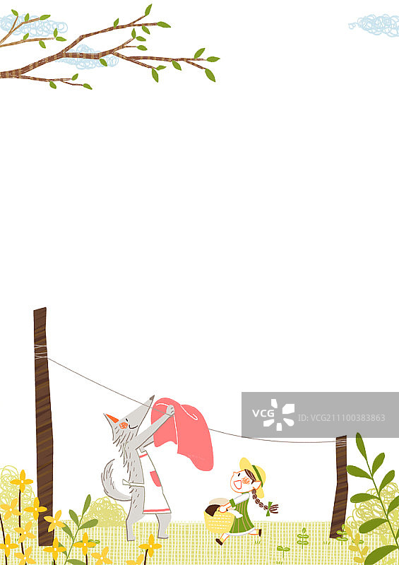 狼在晾衣绳上晾衣服，女孩拿着洗衣篮图片素材