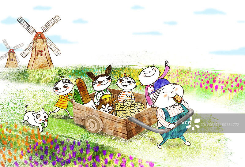 在郁金香花田里玩耍的孩子们图片素材