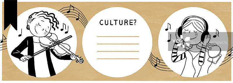 女孩拉小提琴，另一个女孩通过CD播放器听音乐图片素材