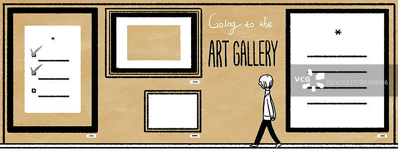 男子在美术馆的艺术品画框旁行走图片素材