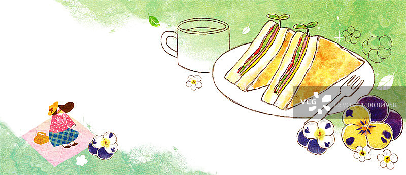 盘中的三明治与野餐垫上吃三明治的女孩图片素材