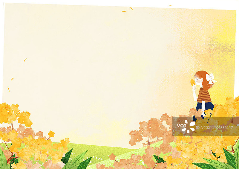 女孩在田野里闻花香图片素材