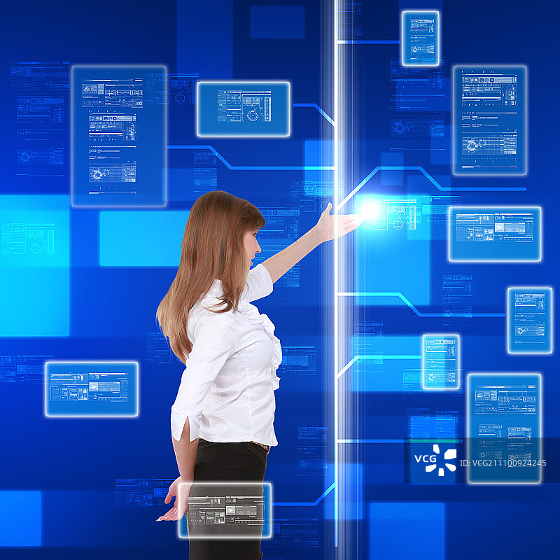 触摸虚拟界面的年轻女孩插画图片素材