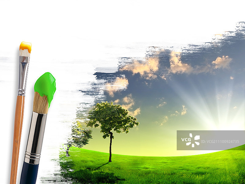 背景上的几支画笔和大自然风景图片素材