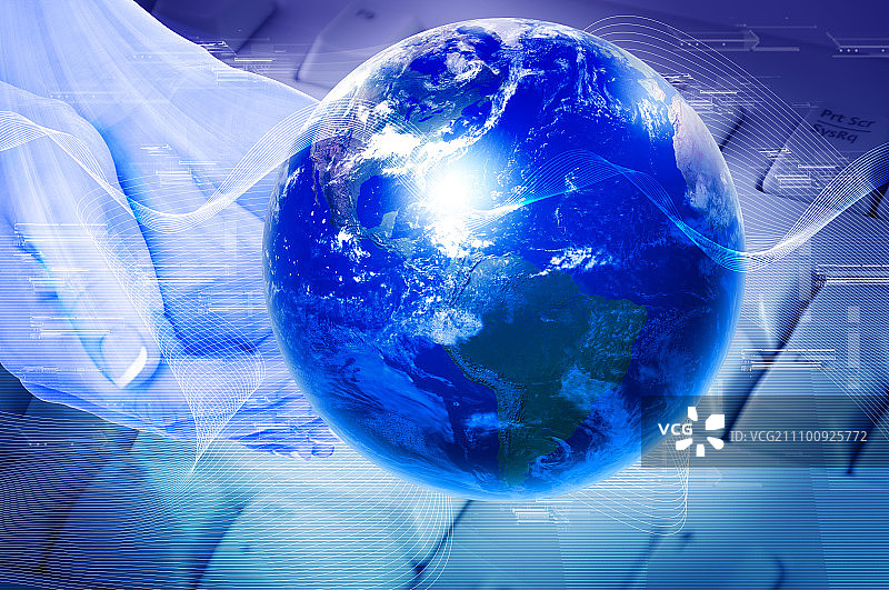 手、线条和地球，高科技的象征图片素材