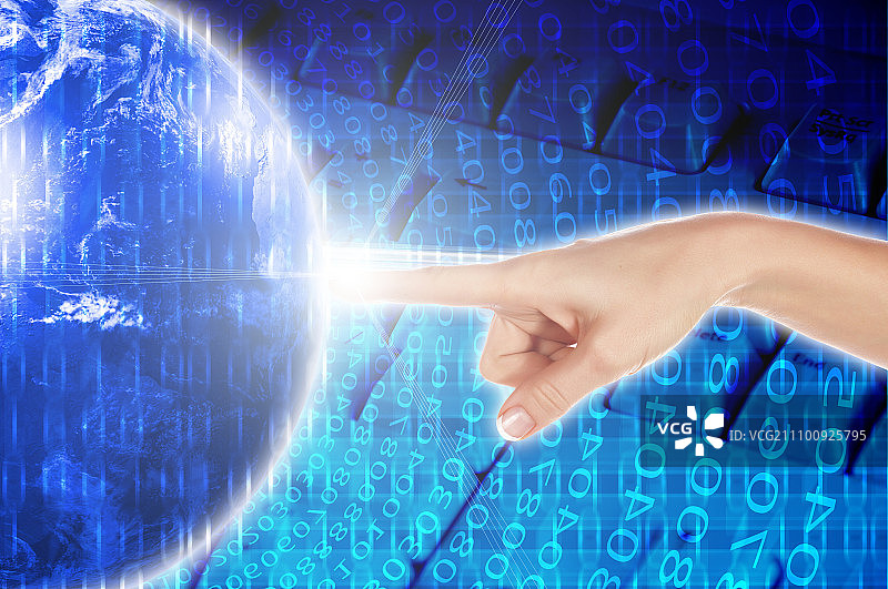 手、线条和地球，高科技的象征图片素材