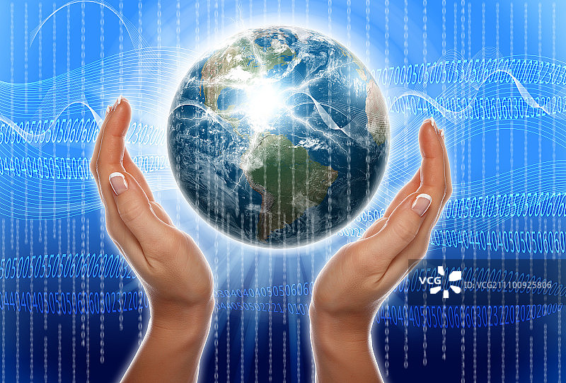 手、线条和地球，高科技的象征图片素材