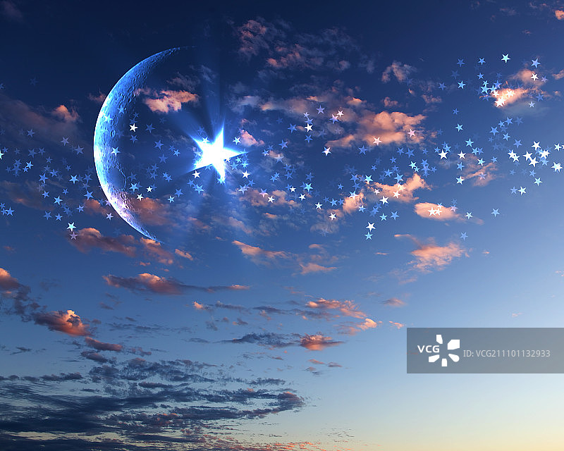 伊斯兰宗教的象征，背景是明亮多云的天空图片素材