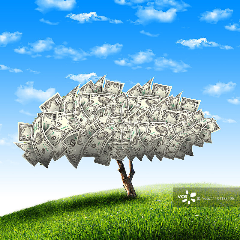 蓝天绿草地上长满美元的树概念图图片素材