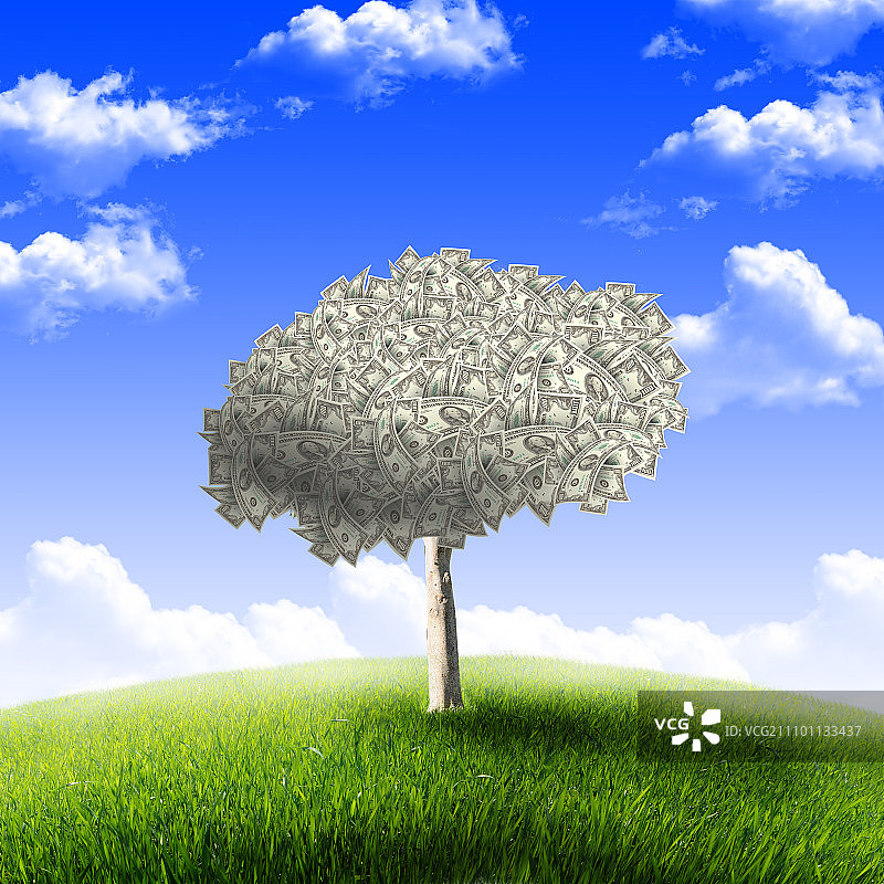 蓝天绿草地上长满美元的树概念图图片素材