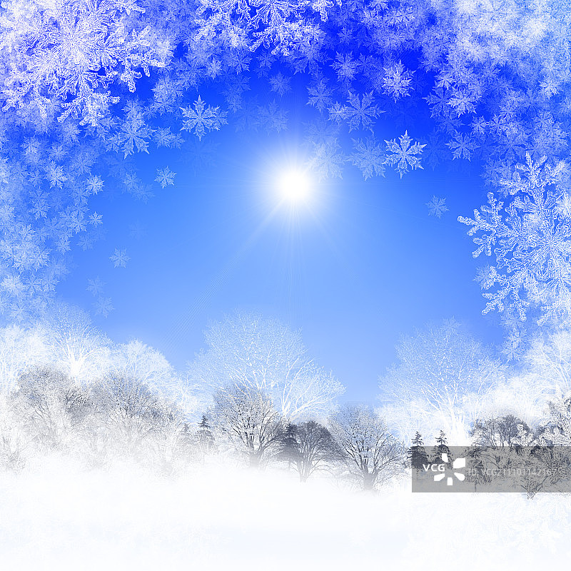 蓝天阳光抽象背景：冬季风景中的圣诞节，新年快乐，圣诞快乐！图片素材