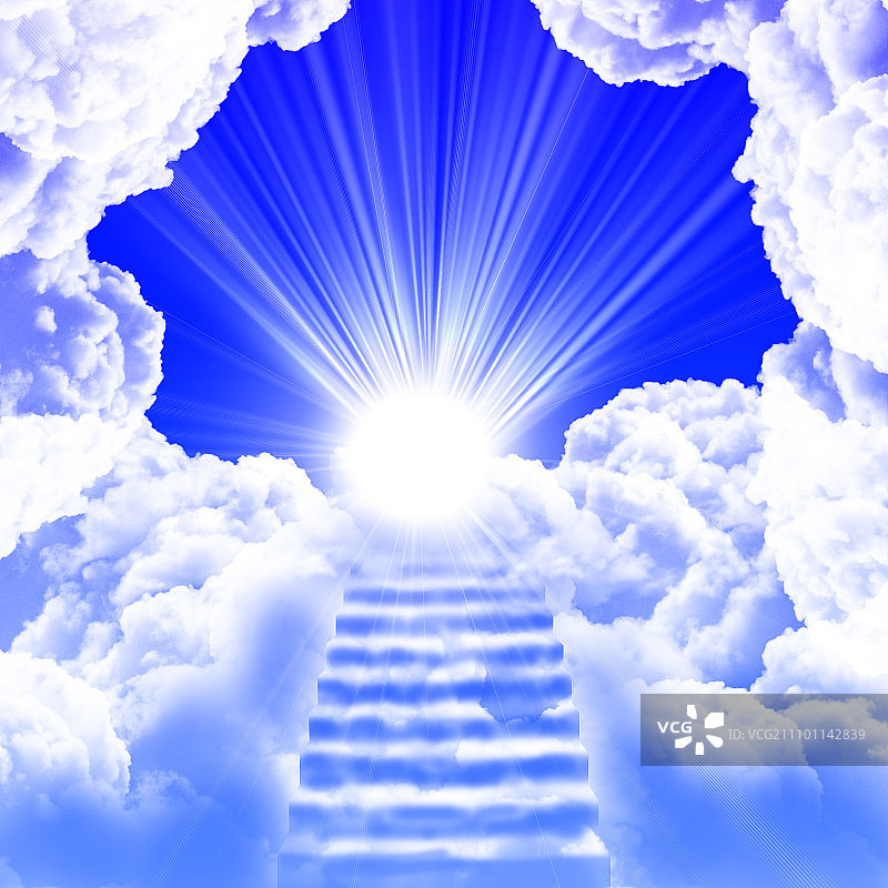 通往多云蓝天和太阳的梯子图片素材