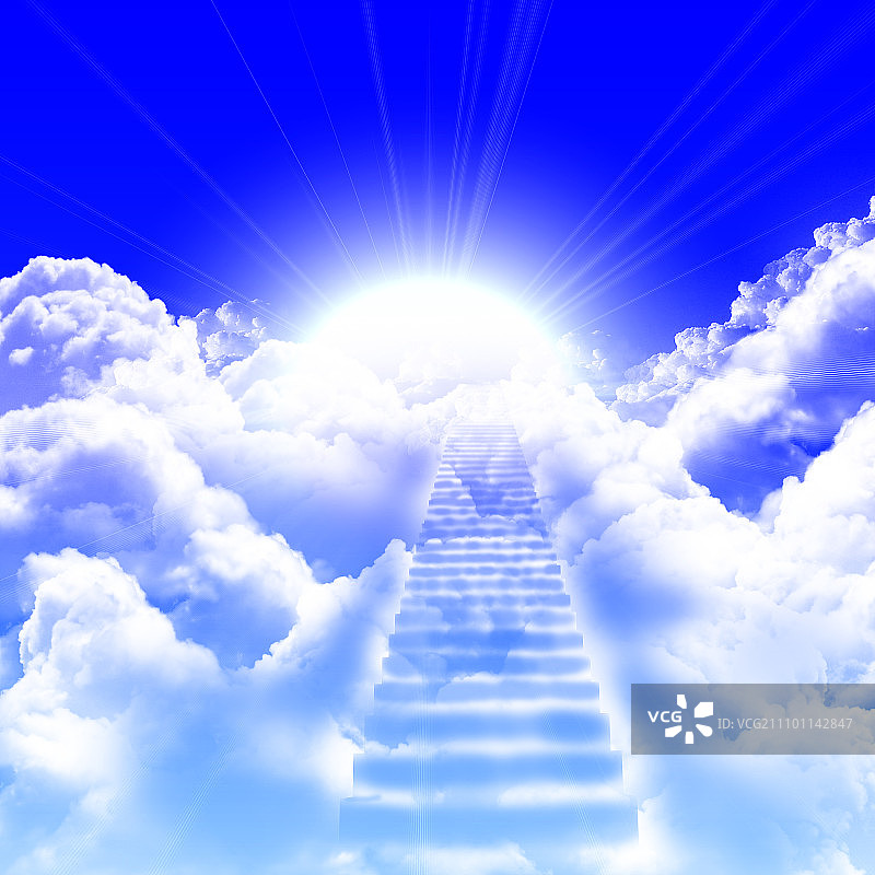 通往多云蓝天和太阳的梯子图片素材