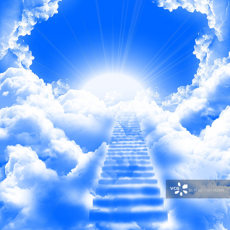 通往多云蓝天和太阳的梯子图片素材