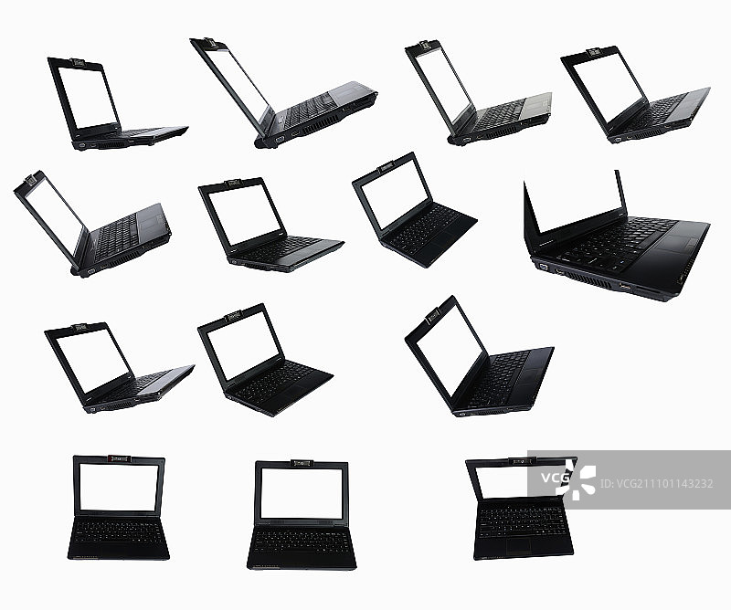 不同角度的带白色屏幕的黑色笔记本，用于设计工作图片素材