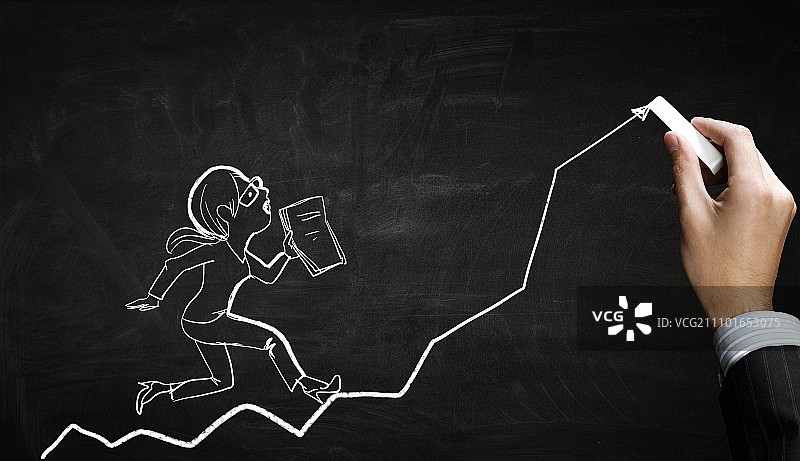 商务概念：粉笔画，手绘有趣的商务女性漫画图片素材
