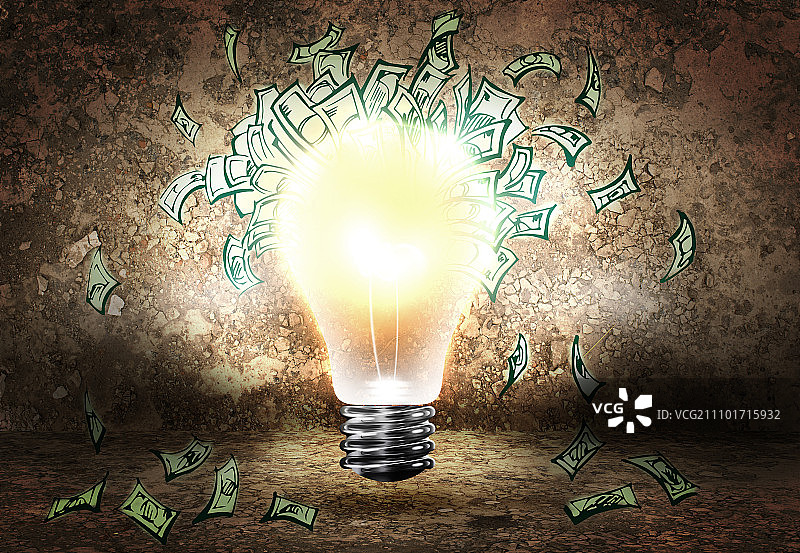 赚钱概念：灯泡和美元纸币图片素材