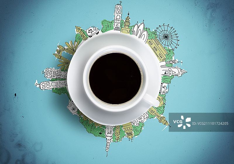咖啡时光。咖啡杯概念图，素描背景图片素材