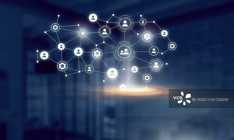 用于商业的连接技术。办公室内部世界连接和社交网络互动概念3D渲染图片素材