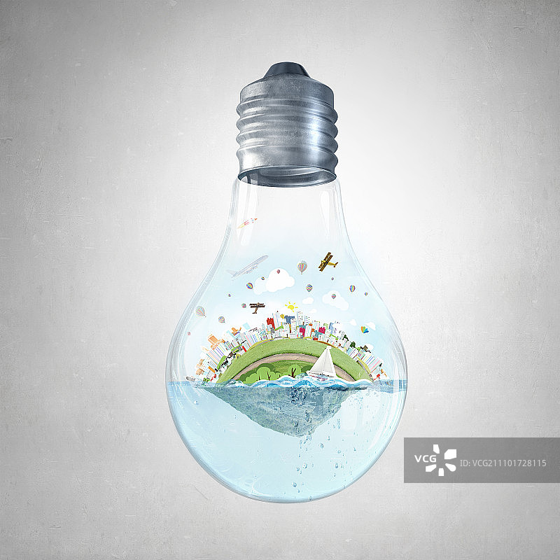 全球变暖概念：装有水和城市景观的玻璃灯泡图片素材