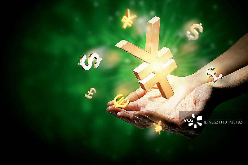 货币概念：手掌中的美元、欧元、日元和英镑符号图片素材